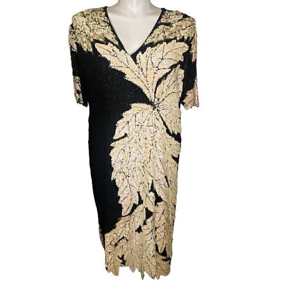 Vintage Dresses & Skirts - Vintage 80s Sho Max sequin dress opalescent creme black leaf design art nouveau